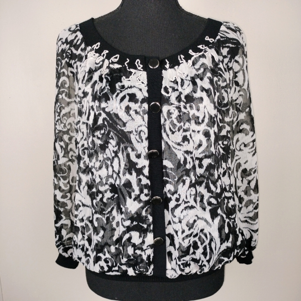NWOT Alberto Makali Beaded Neckline Faux Button Blouse Sz. S